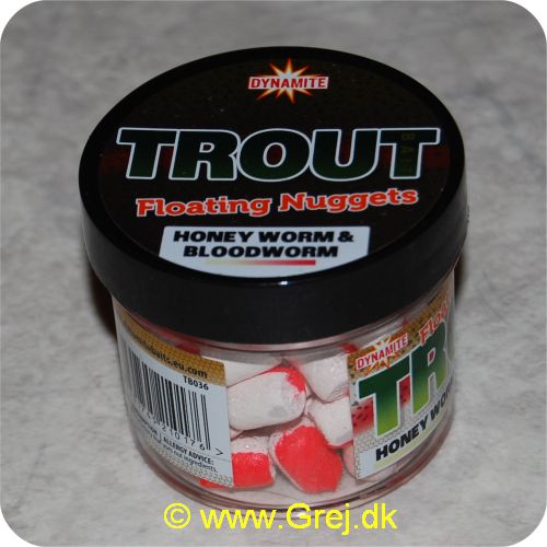 5031745210176 - Dynamite Flydende Trout Nuggets - Honningorm/blodorm - Hvid/rød - 1 stk nugget på krogen - Store glas (60 gram) - Iøjnefaldende farver - Skaber unikt duftspor