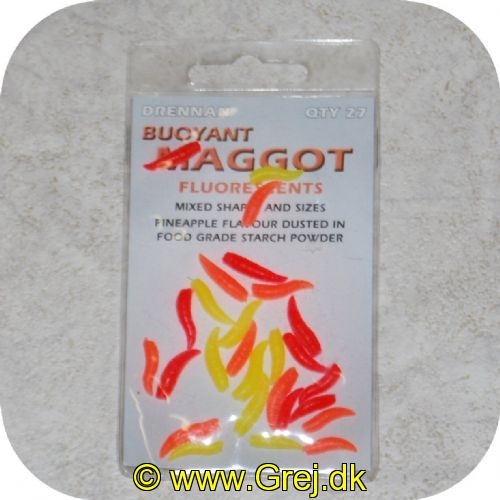 5055394222427 - Drennan Gummi Maggot Flouroserende - Kunstige maddiker i 3 størrelser - Gule/røde/orange - 27 stk