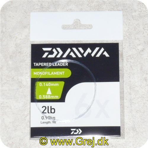 5055545201523 - Daiwa Taperede Mono Forfang 6X - Butt Dia. 0.588mm - Tip Dia. 0.140mm - Brudstyrke: 2lb/0.90kg - Længde: 270cm - Fremstillet med premium grade monofilament - Disse taperede forfang tilbyder den perfekte præsentation af dine fluer