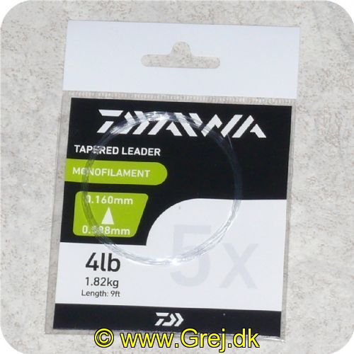 5055545201530 - Daiwa Taperet Mono Forfang 5X - Butt Dia. 0.588mm - Tip Dia. 0.160mm - Brudstyrke: 4lb/1.82kg - Længde: 270cm - Fremstillet med premium grade monofilament - Disse taperede forfang tilbyder den perfekte præsentation af dine fluer