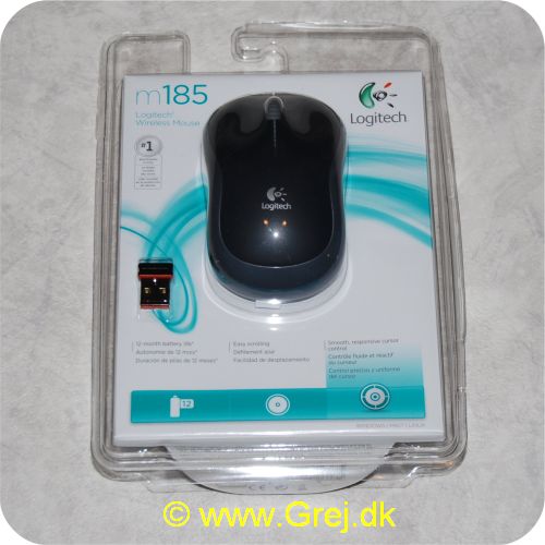 5099206027275 - Logitech Wireless Mouse M185<br>
Farve: Sort / Grå<br>
God til bærbar<br>
Lille USB dongle