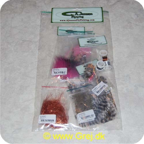 5704041019001 - Materiale Kit til Kystfluer - kroge, tråd, fjer, øjne m. m. - 4 færdigbundne fluer