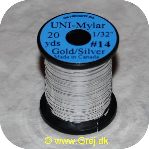 5704041100471 - UNI Mylar Flat Tinsel - Gold/Silver - 20 yards - # 14 - Ekstra stærk Mylar tinsel - Guld på den ene side og sølv på den anden
