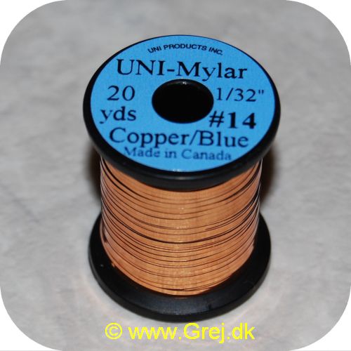 5704041100488 - UNI Mylar Flat Tinsel Kobber/blå - 20 yards - # 14 - Ekstra stærk tinsel - Kobber på den ene side og blå på den anden