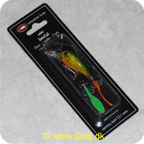 5704241002520 - Innovativelures Swim Tail - 45mm - 2 haler - Grøn/gul/orange med grøn og orange haler - Fantastisk levende og indbydende bevægelser, som selv ved helt lav indspinningshastighed bevares.