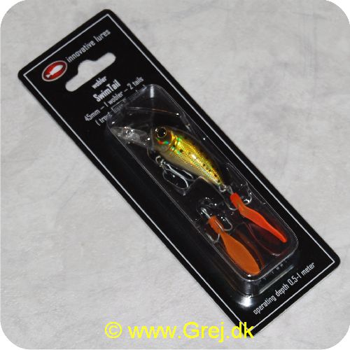 5704241002551 - Innovativelures Swim Tail - 45mm - 2 haler - Gylden med lysebrun og orange haler - Fantastisk levende og indbydende bevægelser, som selv ved helt lav indspinningshastighed bevares.