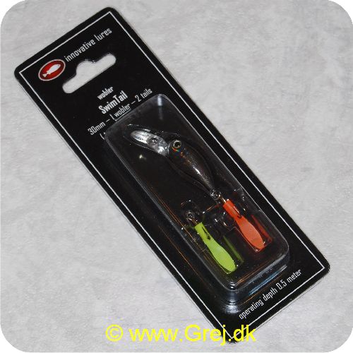 5704241002919 - Innovativelures Swim Tail - 30mm - 2 haler - Sort med gul og orange haler - Fantastisk levende og indbydende bevægelser, som selv ved helt lav indspinningshastighed bevares.