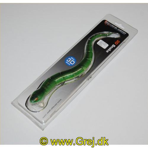 5706301635129 - Savage Gear REAL 3D Snake - 30 cm - 57 g - Floating - 05 - Green Snake (Snog)<BR><BR>
En meget naturtro overfladeagn er blevet til ved brug af 3D scan af en slange. Denne Wobbler adskiller sig fuldstændig fra andre.  Når du laver et spinnestop stiger slangen til overfladen igen hvor man nemt kan give små ryk. 