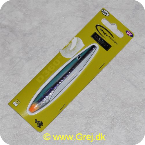5707549266618 - Magic Minnow D360 grader - UV Shoeshine Herring - 18 gram - Materiale: Zink - Blålig/sølv/Sort - 9.5 cm lang - Den har en irregulær aktion i vandet. som tiltrækker fiskene - Lyser i vandet