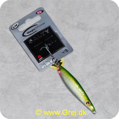 5707549266922 - Salty Magic Minnow - UV Silver Grass - 12 gram - Grøn/sølv - Materiale: Plastik/zink - VMC Perma Steel krog - Lyser med UV lys i vandet