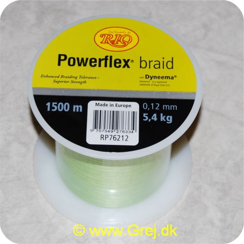 5707549276334 - Rio Powerflex braid fletline - 0.12mm - 5.4kg - Fluo grøn - verdens bedste spinnefiskeline - 1,5 kr pr meter - Vælg antal meter