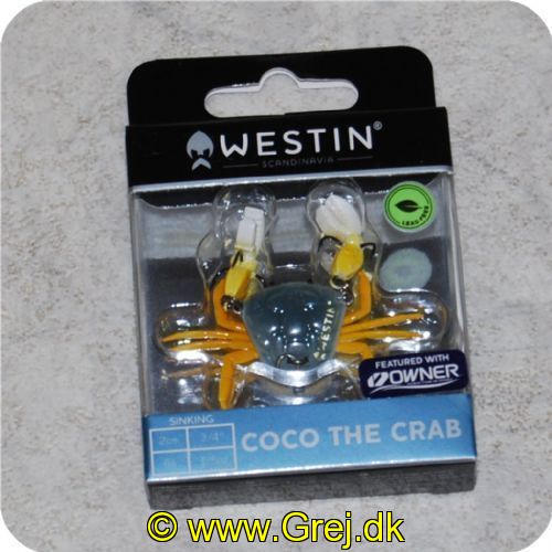 5707549332498 - Westin Coco The Crab - 20mm - 6 gram. 
Ver forsigtig ved montage af krebsen. Den er så naturtro at man regner med at kløerne vil bevæge sig. Den ligner en naturlig krebs på punkt og prikke. Det skyldes at en rigtig krabbe blev sat op på en 3D-scanner og efterfølgende er den blevet farve optimeret. 
Coco the Crab tilbyder man best på bunden og i midten af vandet. Løfter den med små bevægelser kort op så den får de ægte svømme bevægelser som en ægte krebs. 
Kroppen er vægtbelastet så den altid vender rigtigt rundt.
Coco er perfekt til fersk og saltvand.
Vi selv har prøvet agnen med stor glæde.
Kroge 2stk Owner® ST-36BC #14
Massiv krop af ABS 
Tungsten i maven (blyfri) perfekt afbalanceret så den altid lander på maven
Kløerne er af skum
(Life-Like-Lure) 
Naturtro - håndmalet
halvbløde ben
