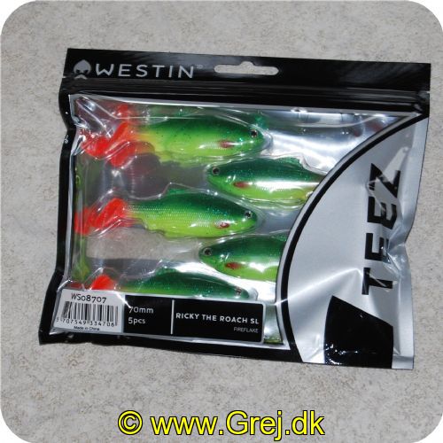 5707549334706 - Westin Ricky the Roach SL Teez - Soft Bait 7 cm - 5 stk - Fireflake - Jig Style - Med aktive øjne - Optimeret super soft flexibilitet - God action shad hale