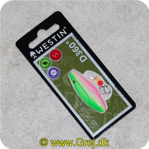 5707549337660 - Westin D360 grader - 40mm - 6 gram - Rainbow Treasure - Grøn/Pink - Materiale: Zink - Den har en irregulær aktion i vandet. som tiltrækker fiskene