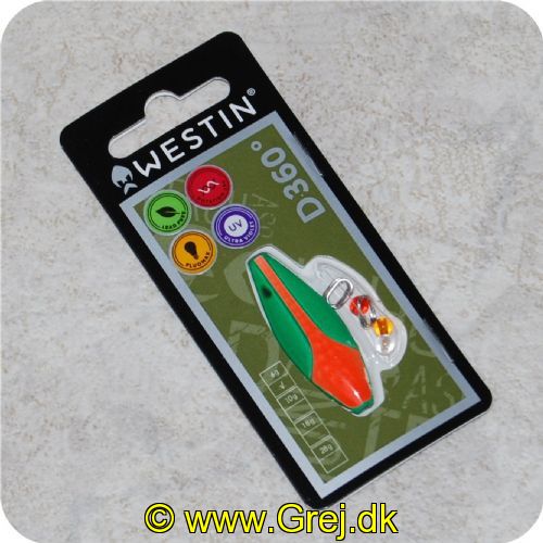 5707549337684 - Westin D360 grader - 40mm - 6 gram - Orange Lawn - Materiale: Zink - Grøn/Orange -  - Den har en irregulær aktion i vandet. som tiltrækker fiskene - UV - Lyser i vandet