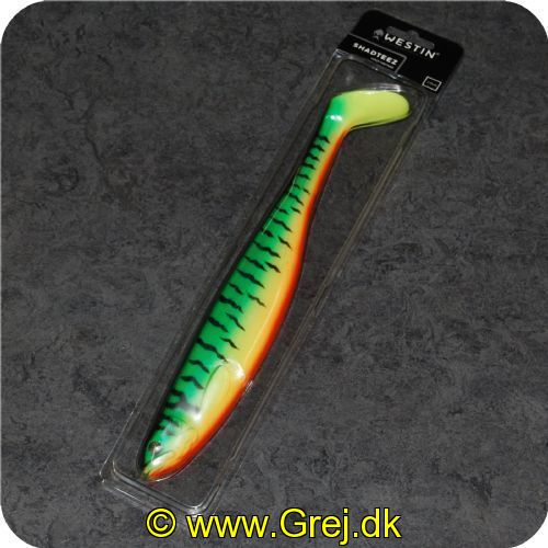 5707549412121 - Westin SHAD TEEZ 270mm Farve:  Crazy Firetiger = Grøn. Gul. Rød. med sorte striber- 112g - 1 stk - Under langsom og hurtig indspinning arbejder Duckfin halen lokkende med store udsving -