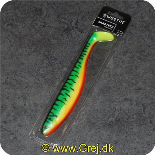 5707549412282 - Westin SHAD TEEZ 220mm Farve:  Crazy Firetiger = Grøn. Gul. Rød. med sorte striber- 112g - 1 stk - Under langsom og hurtig indspinning arbejder Duckfin halen lokkende med store udsving -