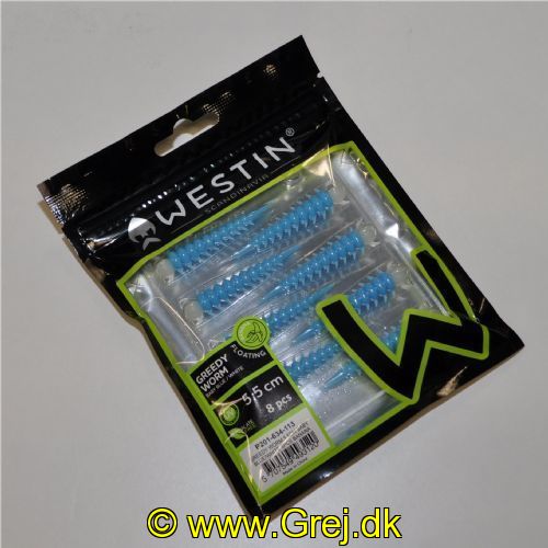5707549493120 - Westin Greedy Worm - Floating - 8 stk - 5,5cm - Baby Blue/White (Blå/Hvid) - Duft: Banana (Banan)