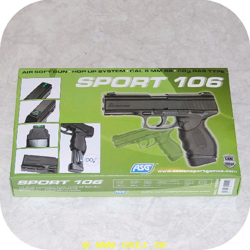 5707843029599 - Sport 106 - Cal. 6 mm - Type: Co2 - Skyder ca. 114m/sek.<BR><BR>Der medfølger en lille flaske med skud.<BR>HUSK: Der er ingen Co2 patroner med så bestil også en pakke af disse.<BR>Sport 106 er en pistol i rigtig god kvalitet til en fornuftig pris. Kan justeres til at skyde med både 0.12 og 0.20 grams kugler. Forsynet med fiberoptisk sigte og forberedt for montage af lasersigte eller lys.<BR><BR>Se mere tilbehør og store flasker med kugler i undermenuen : Hardball - Airsoft tilbehør<BR><BR>ASG laver hardball våben i meget høj kvalitet. de er lavet efter tegningerne fra de originale våben og med licens fra de originale våben fabrikanter så alt er tilpasset virkligheden så meget som overhovedet muligt.<BR>Tag ikke fejl af denne fabrikat og de mange *Plastic* Hardball våben producenter som ikke kan holde. Denne fabrikat giver garanti på produkterne og er blandt markedets bedste.<BR><BR>Disse våben må kun sælges til personer over 18 år. Du accepter ved bestilling at du er over 18 år.