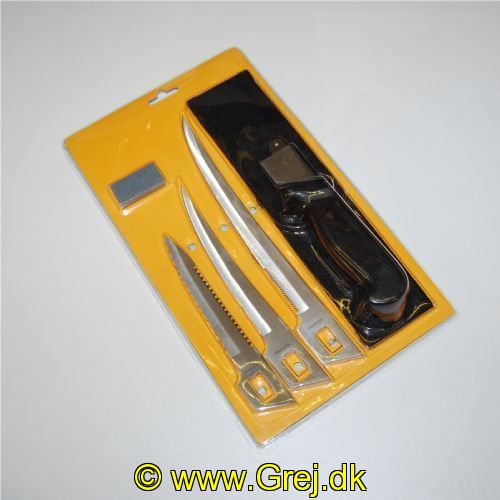 5708389144890 - Westland Fiskekniv med 2 forskellige filet klinger og en sav, let at skifte - Taske til at jænge i bælte og slibesten er med i pakken