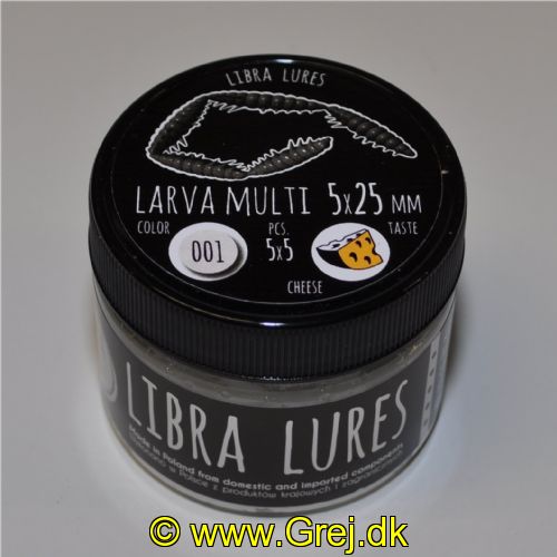 5905054006020 - Libra Lures - Model: Larva Multi 25 - 5*5 stk. - Duft: Ost - Farve: 001 (Hvid)