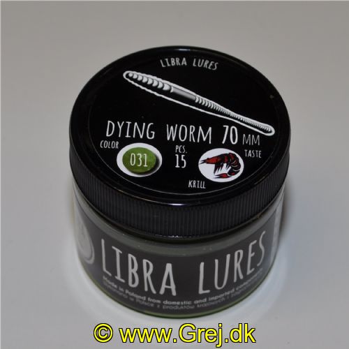 5908291082642 - Libra Lures - Model: Dying Worm - 70mm - 15 stk. - Duft: Krill - Farve: 031 (Oliven)