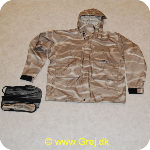 6430021149688 - Rapala Eco Wear Reflection jakke str. L - Lysbrun/hvid - 3-lags fiskejakke - tovejs justerbar hætte - fold-up style. når der skal wades - Aftagelige fleece foret håndvarmer lommer - Vedhængskroge under overlap på frontlommen - Skjulte snore til opstramning - Miljøvenlige materialer