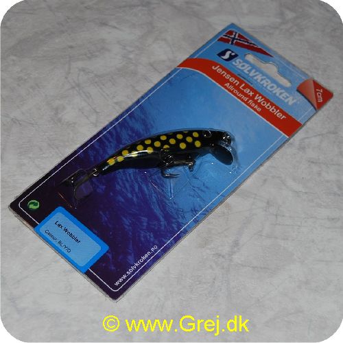 7056961335043 - Jensen Lax Wobler - 7cm - Sort med gule prikker - Wobler med særdeles hissig og æggende gang som mange vil elske, også fisken. - fungerer supert til at fiske efter ørred, laks, søørred og gedde