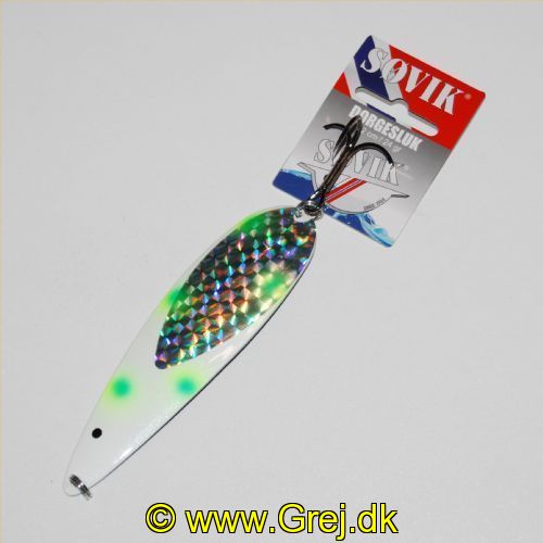 7070795056431 - Trolling/Kystblink - Søvik - Drogesluk - 12 cm - 24g - Hvid m/Grønne pletter og glimmer og sort øje - 110% PRISGARANTI*
<BR><BR>
* 110% PRISGARANTI overfor alle Danske butikker der har dem på lager