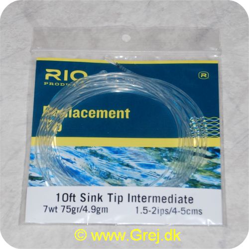 730884201773 - Rio Intermediate Sink Tip - Hovedlængde: 3m -line klasse: 7wt - Vægt: 4,9g - Synkerate: 3,81-5,08cm/s - Klar/klar loop - RP20177