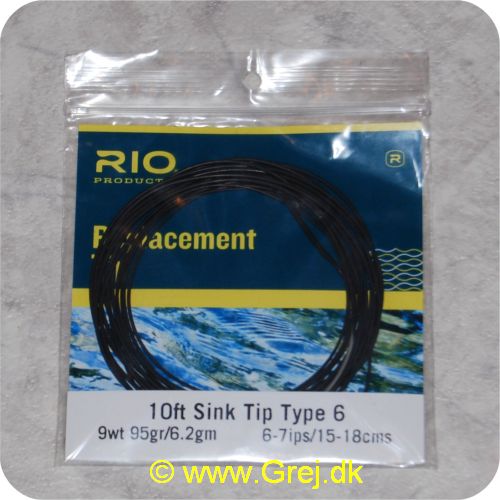 730884201896 - Rio Type 6 Sink Tip - Hovedlængde: 3m -line klasse: 9wt - Vægt: 6,2g - Synkerate: 15,24-17,78cm/s - Sort/grå loop - RP20189