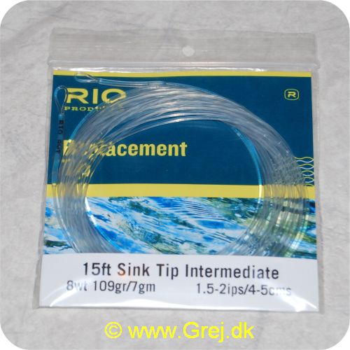 730884203890 - Rio Intermediate Sink Tip - Hovedlængde: 4,6m -line klasse: 8wt - Vægt: 7g - Synkerate: 3,81-5,08cm/s - Klar/klar loops - RP20389