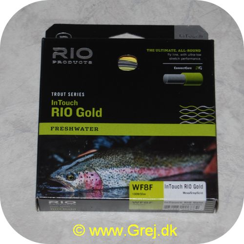 730884206884 - In Touch Rio Gold WF8F - 100ft/30.5m - Moss/gray/gold - Den ultimative all-round flueline med ultra lav stretch performance for mere præcise kast - Hovedlængde: 14.9 meter - Flydende