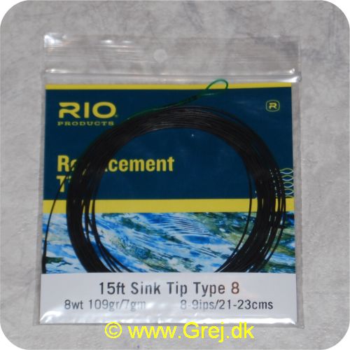 730884214001 - Rio Type 8 Sink Tip - Hovedlængde: 4,6m -line klasse: 8wt - Vægt: 7g - Synkerate: 20,32-22,86cm/s - sort/grøn loops - RP21400 - til VersiTip og Skagit liner