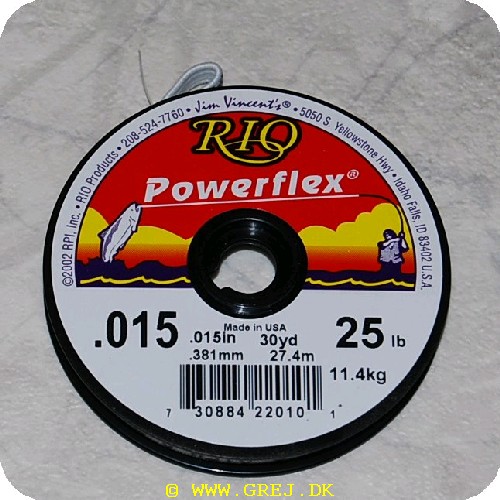 730884220101 - Rio Powerflex Tippet Forfang - 0.38mm - 11.4kg - 27.4mEt stærkt monofil forfang. brud og knudestyrke er høj. det er elastiskPraktisk med spoler som kan sidde sammen og elastik som holder forfanget på plads. med tykkelse og brudstyrke angivet.