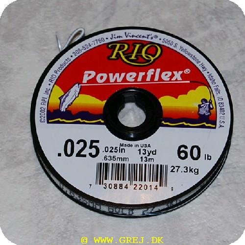 730884220149 - Rio Powerflex Tippet Forfang - 0.635mm - 27.3kg - 13mEt stærkt monofil forfang. brud og knudestyrke er høj. det er elastiskPraktisk med spoler som kan sidde sammen og elastik som holder forfanget på plads. med tykkelse og brudstyrke angivet.