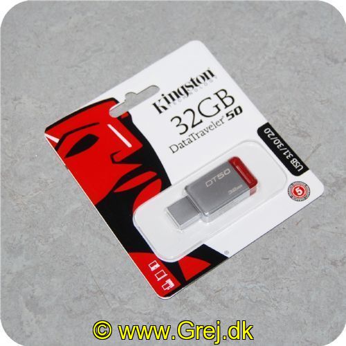 740617255690 - Kingston DataTraveler 50 - 32 GB - USB 3.1/3.0/2.0<BR>
USB stick på 32GB lige til at tage med over alt