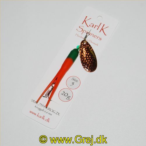 785321520 - Karl K Spinners - Skjern Å - 20g - Str. 5 - Grøn/Orange gummi (Guleroden) og Kobber blad