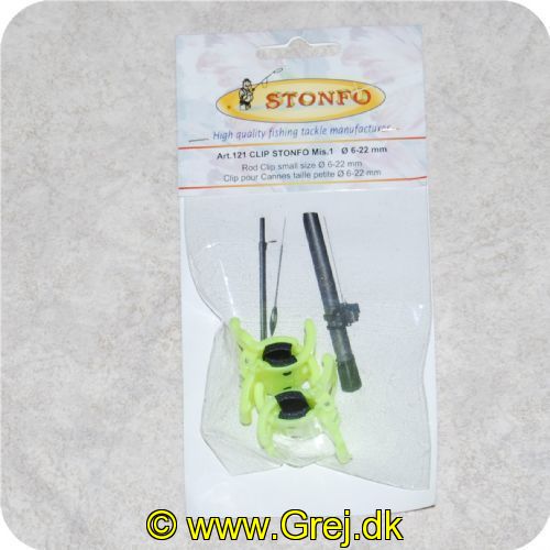 8028651003944 - Stonfo Stangklemmer Gul-Small Ø   6-22mm
Neon gul klemmer der bruges til at holde fiskestænger samlede når det skal pakkes væk. transporteres i bil. charterrejse. vandreture m.m. Disse populære klemmer holder styr på dine stænger så der er mindre risiko for. at stængerne knækkes eller bliver ødelagde. 
Der er 2 klemmer i posen.
Størrelser:      Diameter:
Small             Ø   6-22mm