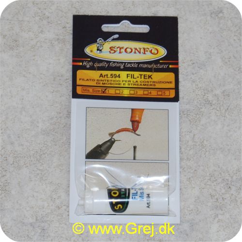 8028651016104 - Stonfo Fil Tek Str.1 - 15 meter - Syntetisk tråd med flad del. elastisk og gennemsigtig. Ideel til enhver type samling og især til naturtro kroppe på fluer eller til "stimulator" og
"attractor". Udmærket til fremstilling af ben og følehorn. Kan let farves med almindelige vandfaste tuschpenne 