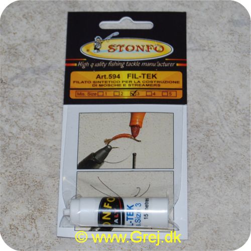 8028651016128 - Stonfo Fil Tek Str.3 - 15 meter - Syntetisk tråd med flad del. elastisk og gennemsigtig. Ideel til enhver type samling og især til naturtro kroppe på fluer eller til "stimulator" og
"attractor". Udmærket til fremstilling af ben og følehorn. Kan let farves med almindelige vandfaste tuschpenne 