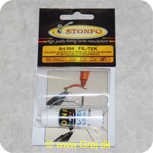 8028651016142 - Stonfo Fil Tek Str.5 - 15 meter - Syntetisk tråd med flad del. elastisk og gennemsigtig. Ideel til enhver type samling og især til naturtro kroppe på fluer eller til "stimulator" og
"attractor". - Udmærket til fremstilling af ben og følehorn. Kan let farves med almindelige vandfaste tuschpenne 