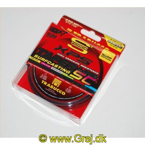 8054393173621 - Trabucco XPS Surf Taper Line SC 220m. - 0.26/0.57<BR>
<LI>Low stretch monofilament designed for surf casting
</LI><LI>Two tapered shock leader segments on each end (15 m), allowing to reverse and re-spool the line after intensive use
</LI><LI>Middle area parallel (220 m) with colour marking
</LI><LI>Extraordinary abrasion resistance and linear strength
</LI><LI>Wide choice among many diameter’s combinations
</LI><LI>Colour: changing every 20 meters (shock leaders are clear)