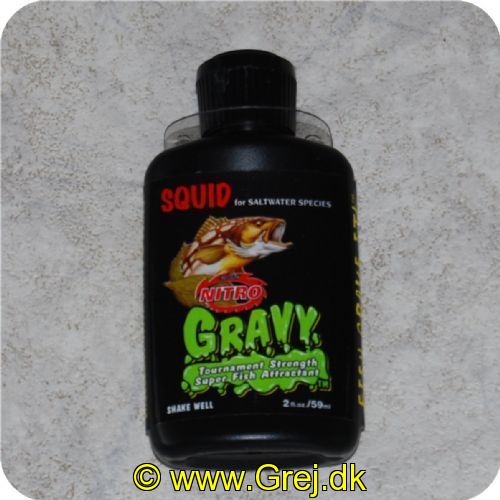 834734006348 - Nitro Gravy Duftstof til jigs. lures eller soft plastik m. m. - Squid/Blæksprutte<BR>
Saltwater Squid - Wirker også godt i ferskvand<BR> 2oz./59ml
Put det på dit endegrej og det vil tiltrække fiskene. EUCGSSQ634