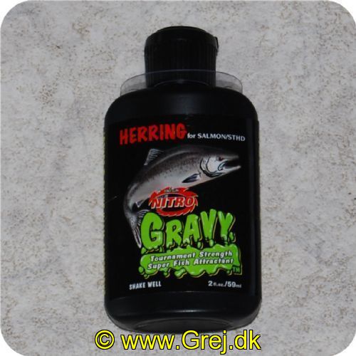 834734016521 - Nitro Gravy Duftstof til jigs. lures eller soft plastik m. m. - Herring (sild) for Salmon/Sild - Virker også i ferskvand <BR>2oz./59ml
Put det på dit endegrej og det vil tiltrække fiskene.EUCGSSH652