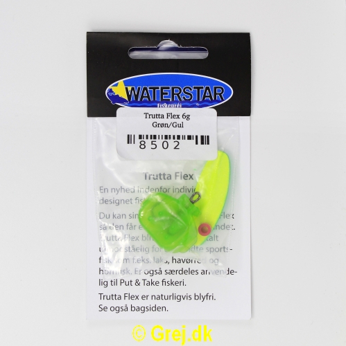 8502 - Trutta Flex - 6 gram - Grøn/Gul<BR>En nyhed indenfor individuel designet fiskegrej.<BR>Du kan simpelthen BøJE Trutta Flex så den får den perfekte gang i vandet.<BR>Trutta Flex bliver dermed totalt uimodståelig for de kendte sportsfisk som f.eks. laks. havørred og hornfisk.<BR>Suveræn til Put & Take.