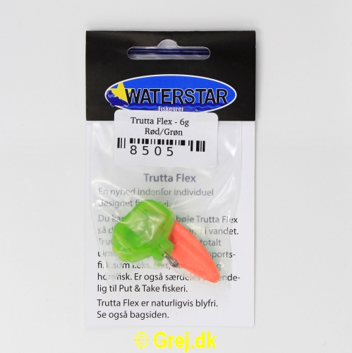 8505 - Trutta Flex - 6 gram - Rød/Grøn<BR>En nyhed indenfor individuel designet fiskegrej.<BR>Du kan simpelthen BøJE Trutta Flex så den får den perfekte gang i vandet.<BR>Trutta Flex bliver dermed totalt uimodståelig for de kendte sportsfisk som f.eks. laks. havørred og hornfisk.<BR>Suveræn til Put & Take.