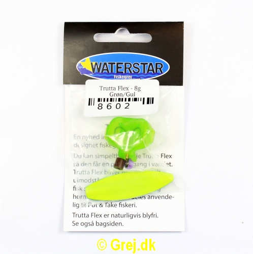 8602 - Trutta Flex - 8 gram - Grøn/Gul<BR>En nyhed indenfor individuel designet fiskegrej.<BR>Du kan simpelthen BøJE Trutta Flex så den får den perfekte gang i vandet.<BR>Trutta Flex bliver dermed totalt uimodståelig for de kendte sportsfisk som f.eks. laks. havørred og hornfisk.<BR>Suveræn til Put & Take.