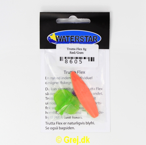 8605 - Trutta Flex - 8 gram - Rød/Grøn - Med Krogkappe<BR>En nyhed indenfor individuel designet fiskegrej.<BR>Du kan simpelthen BøJE Trutta Flex så den får den perfekte gang i vandet.<BR>Trutta Flex bliver dermed totalt uimodståelig for de kendte sportsfisk som f.eks. laks. havørred og hornfisk.<BR>Suveræn til Put & Take.