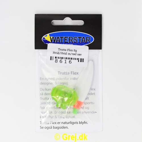 8616 - Trutta Flex - 8 gram - Hvid/Hvid med rød røv<BR>En nyhed indenfor individuel designet fiskegrej.<BR>Du kan simpelthen BøJE Trutta Flex så den får den perfekte gang i vandet.<BR>Trutta Flex bliver dermed totalt uimodståelig for de kendte sportsfisk som f.eks. laks. havørred og hornfisk.<BR>Suveræn til Put & Take.